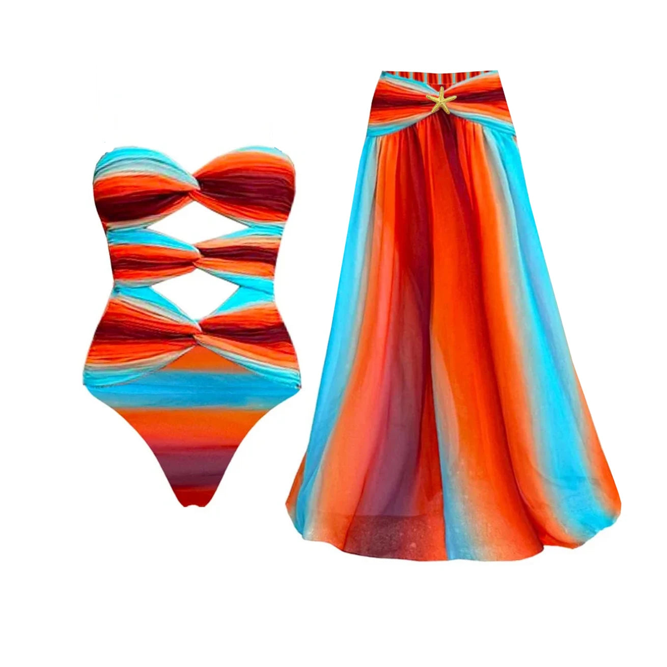 2 piece Hollow Swimsuit Long Skirt Deep