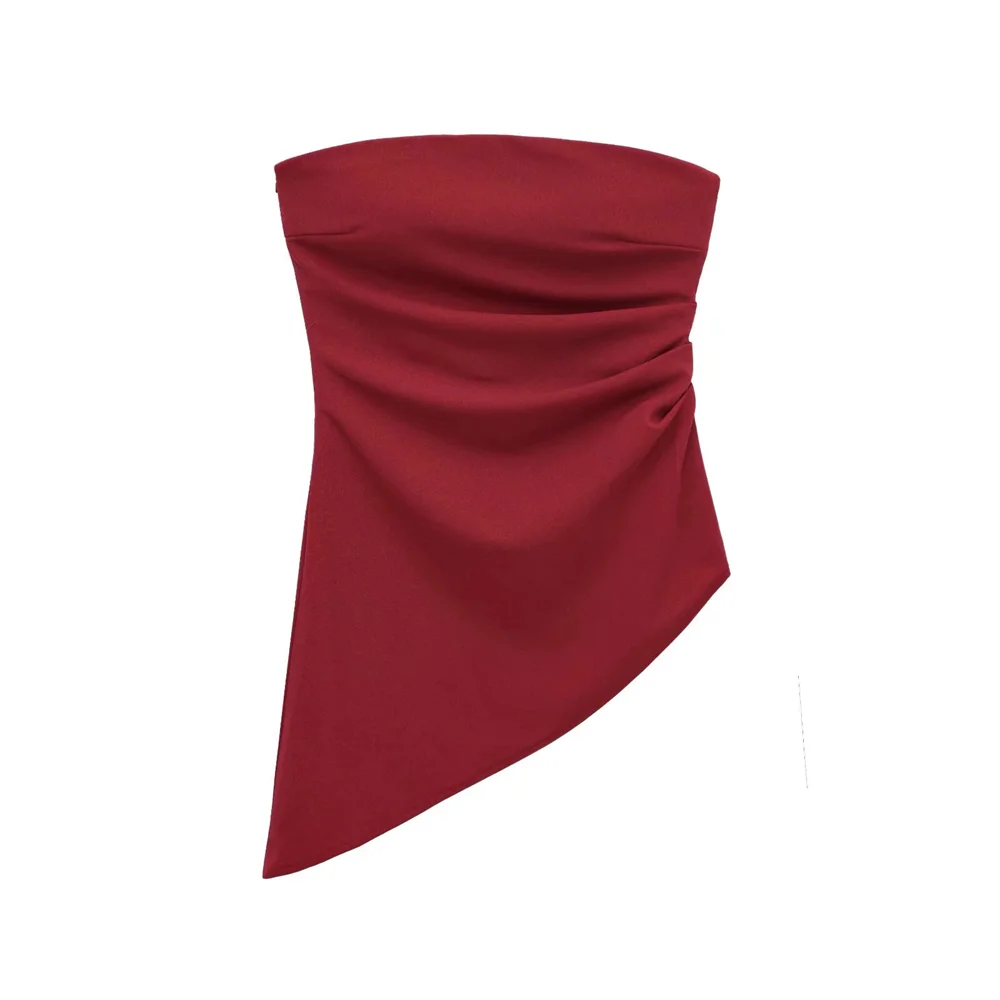 Solid Color Folded Asymmetric Sleeveless strapless Top