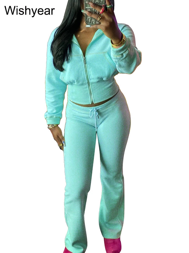 2 Pieces Set Sweatshirts Jacket and Flared Pants