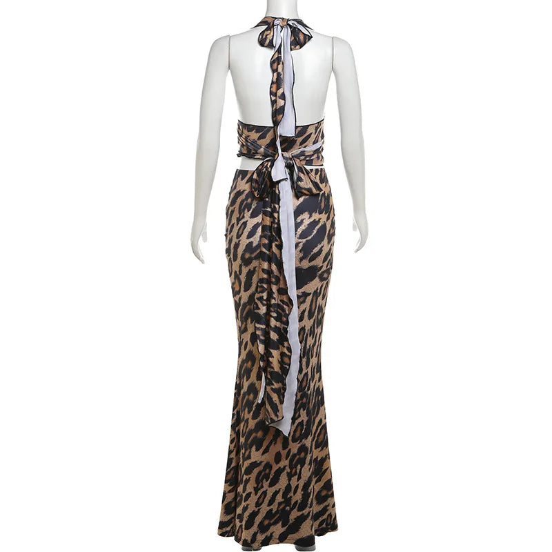 two piece leopoard print maxi skirt and halter neck top
