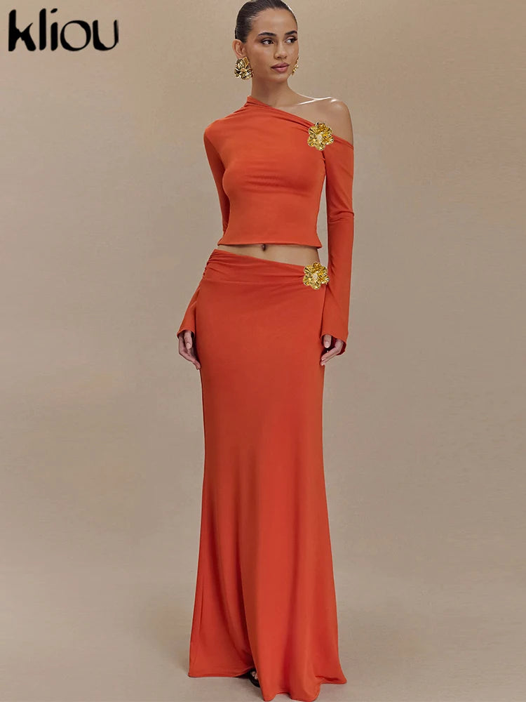 Slim Crop Tees+Matching Maxi Skirts Elegant Co ord