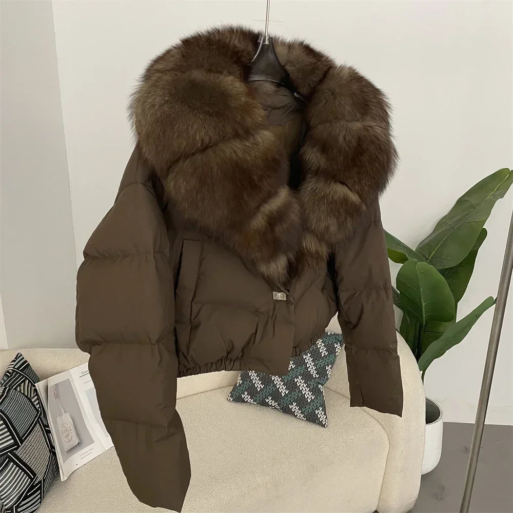 cropped duck down winter coat with real fox fur
