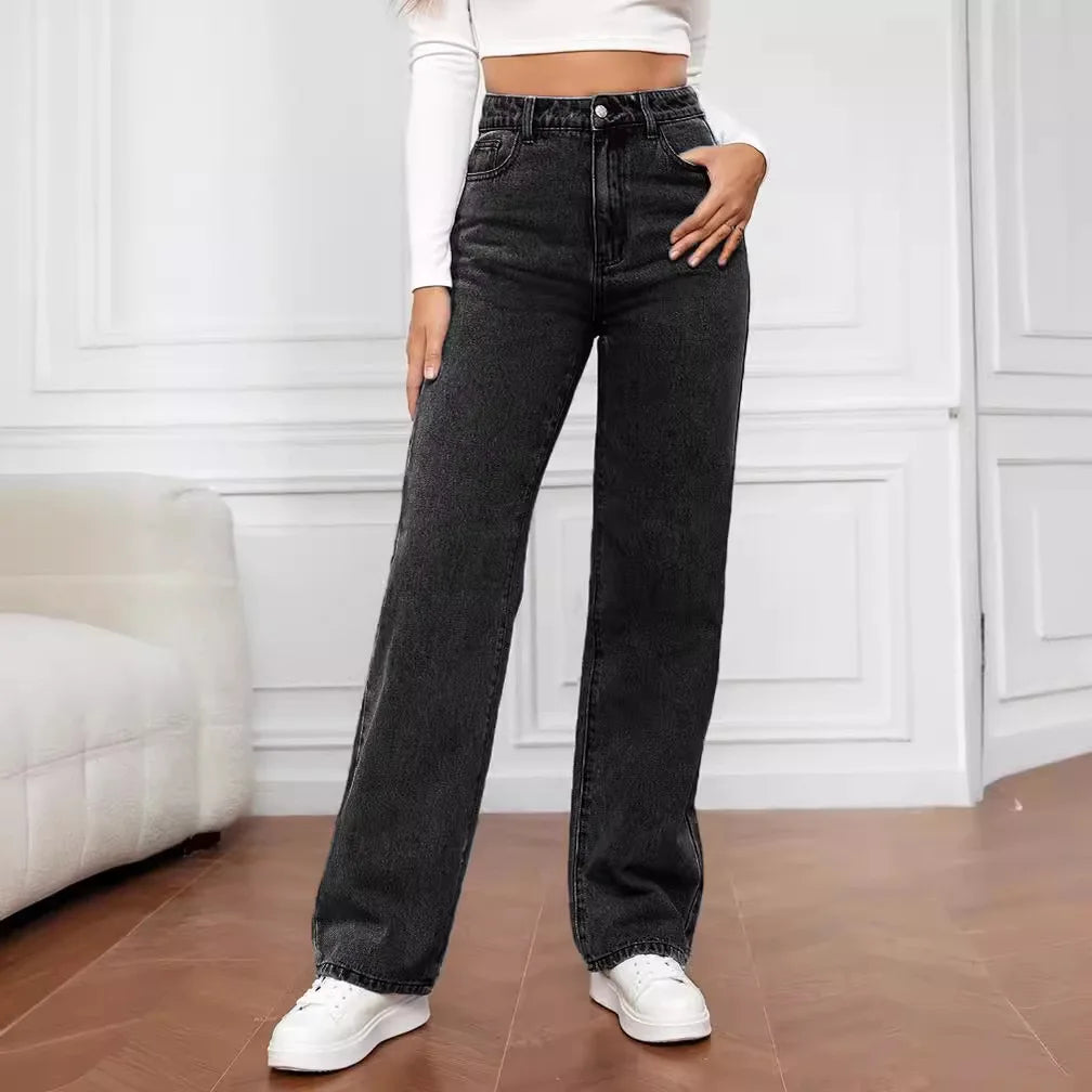 High Waist Stretch Washed Denim Fashionable Straight Jeans