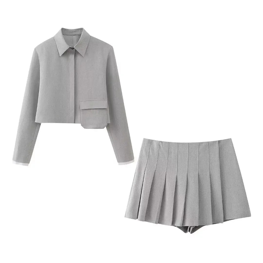 2 Piece Set Grey Single Breasted Lapel Neck Shirts & Vintage Side Zipper Skorts