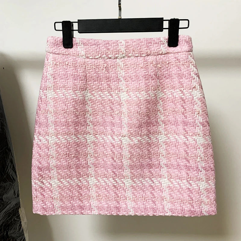 Woven Pink Plaid Tweed Skirt