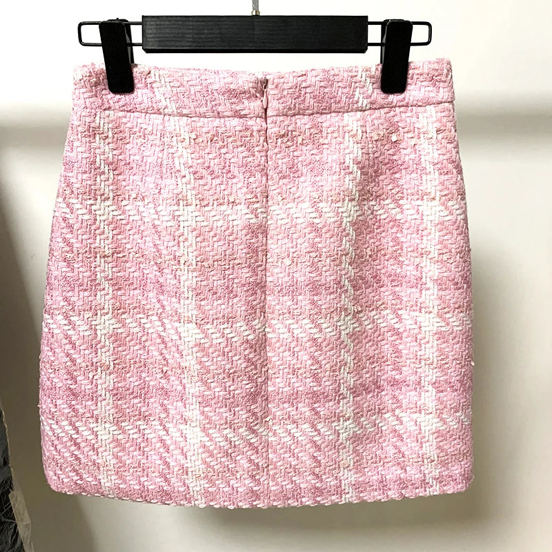 Woven Pink Plaid Tweed Skirt