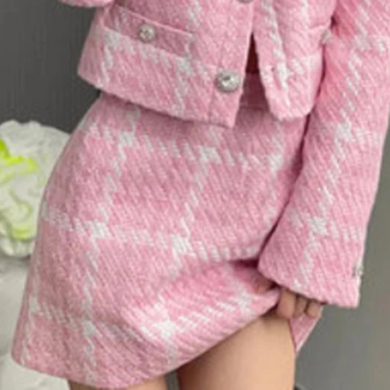 Woven Pink Plaid Tweed Skirt