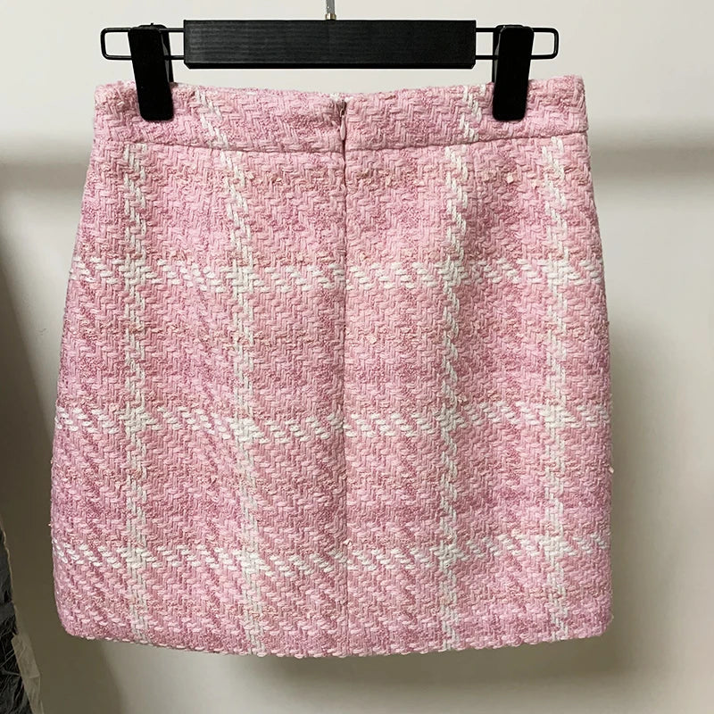 Woven Pink Plaid Tweed Skirt