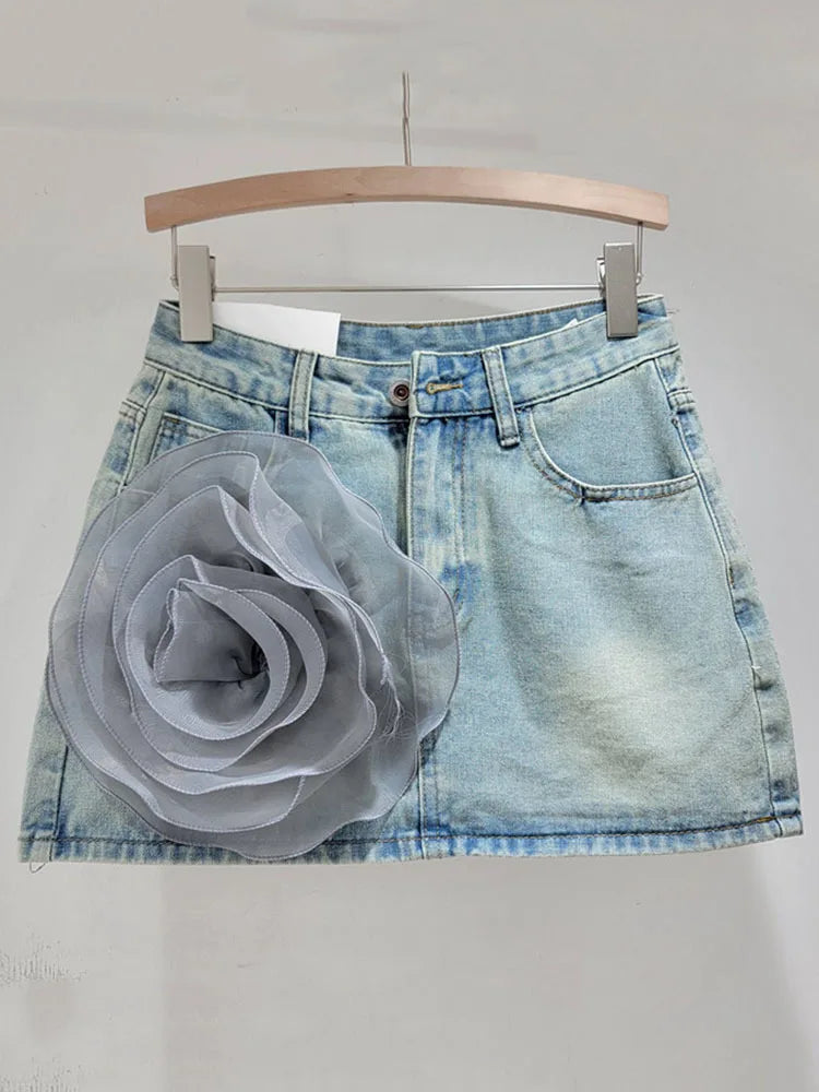 3D Flower Floral Denim Skirt