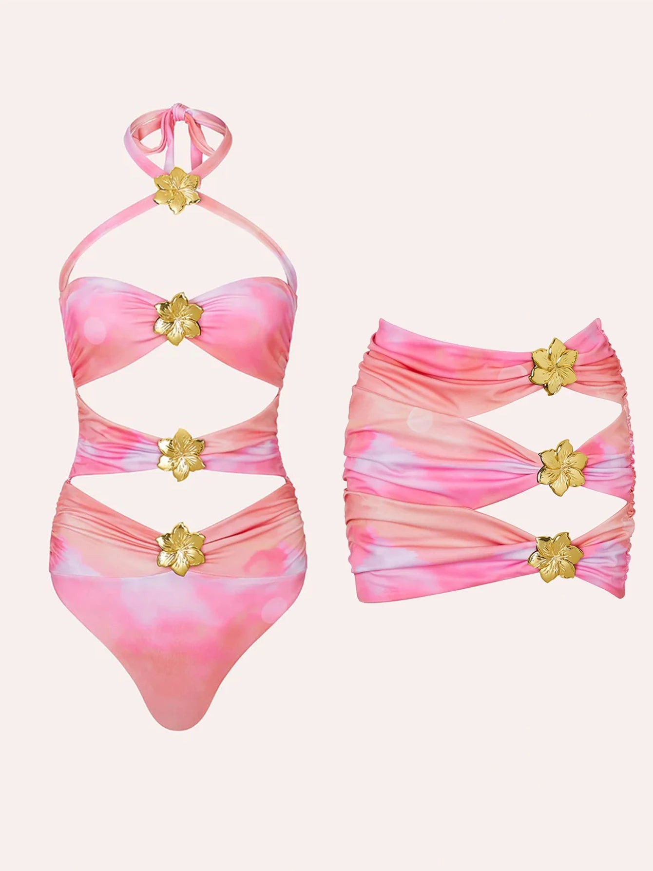 Halter Cut Out Lady swimsuit and skirt