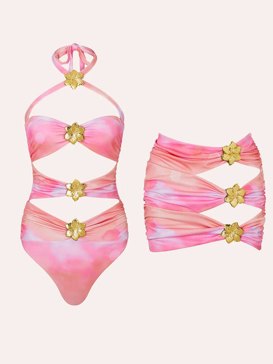 Halter Cut Out Lady swimsuit and skirt