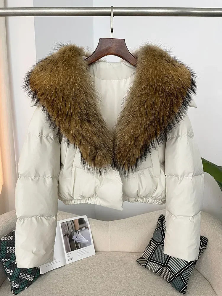 cropped duck down winter coat with real fox fur