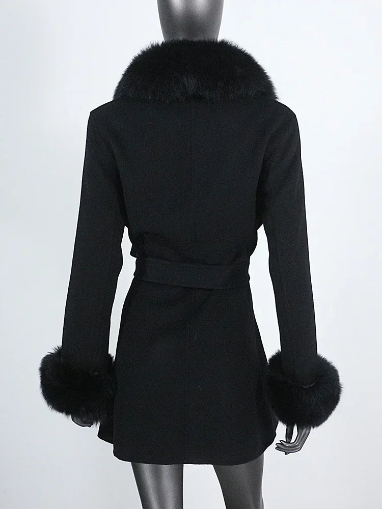 Long Winter Jacket Women Cuffs Belt Cashmere Real Fur Coat Natural Fox Fur Collar