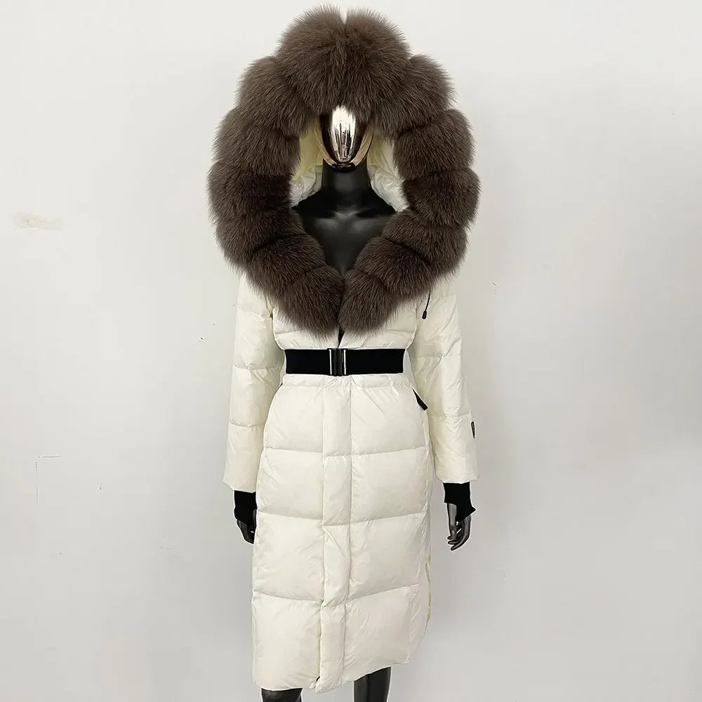 long coat with fox fur hood and belted waist