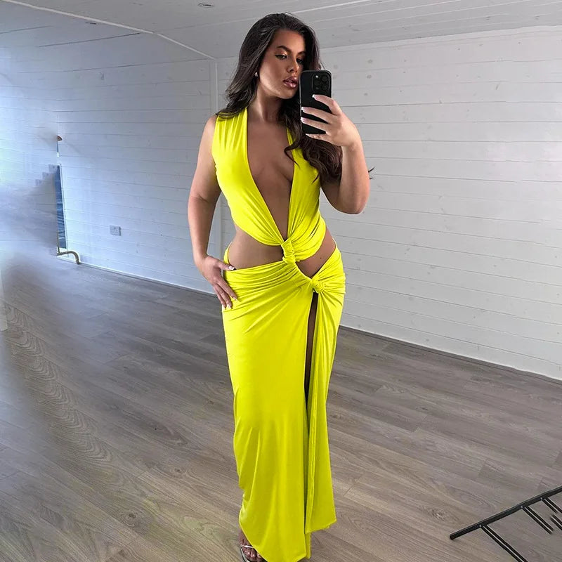 Sexy Deep V Cut Out Slit Maxi Dress