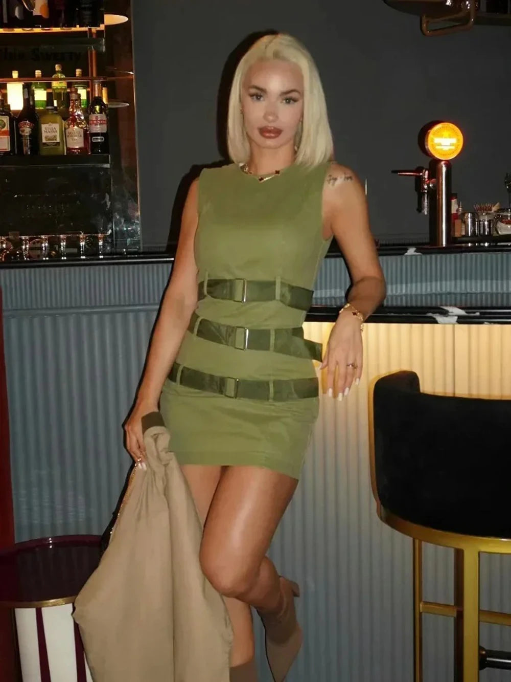 Army Green Vest Wide Belt Dress