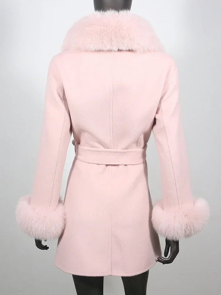 Long Winter Jacket Women Cuffs Belt Cashmere Real Fur Coat Natural Fox Fur Collar