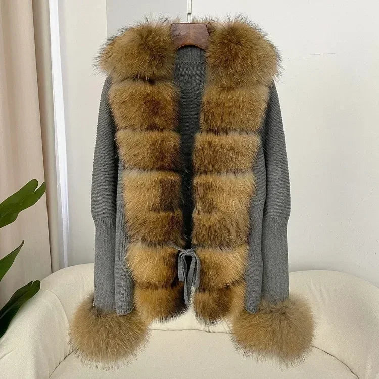 Real fox Fur Cardigan Detachable Collar