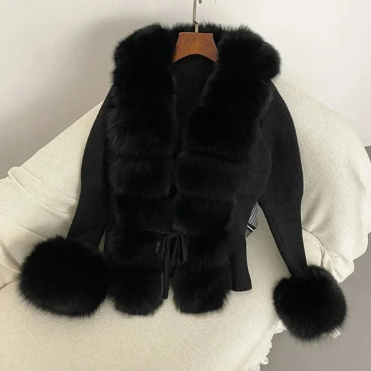 Real fox Fur Cardigan Detachable Collar