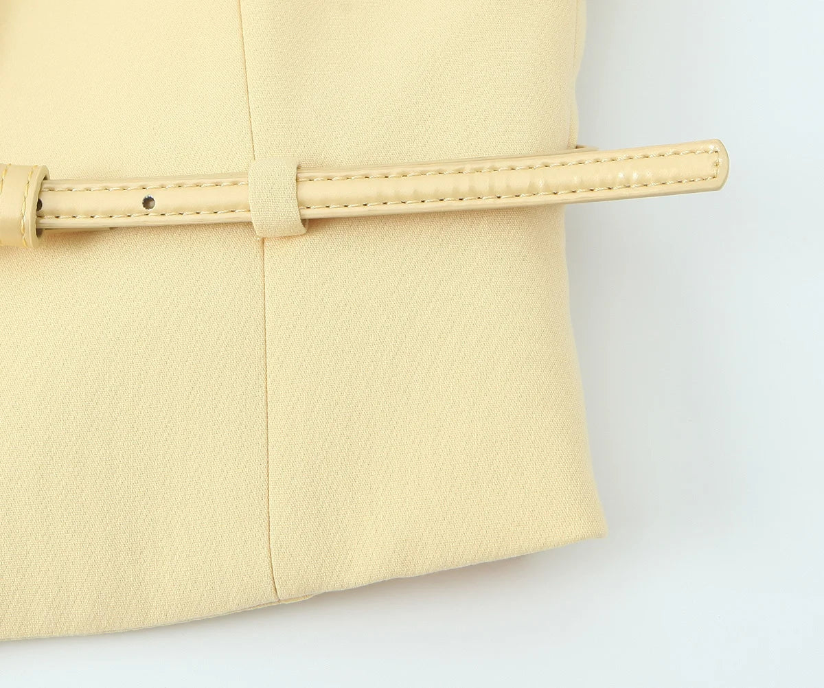 Yellow V-Neck Sleeveless Belt Tops+High Waist Pocket Belt Long Skirts