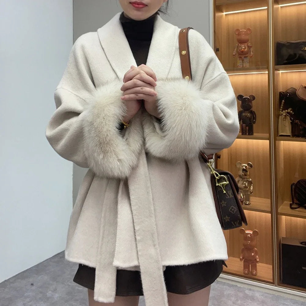 Real Wool Fur Coat Women's Removable Cuffs Fox Fur