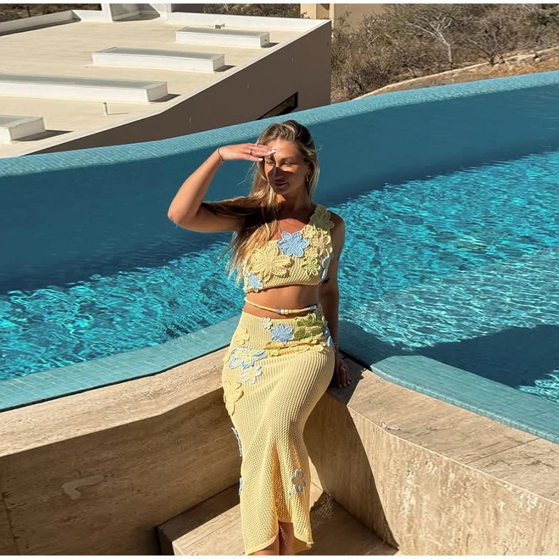 Flower crochet maxi skirt, vest top and bikini top