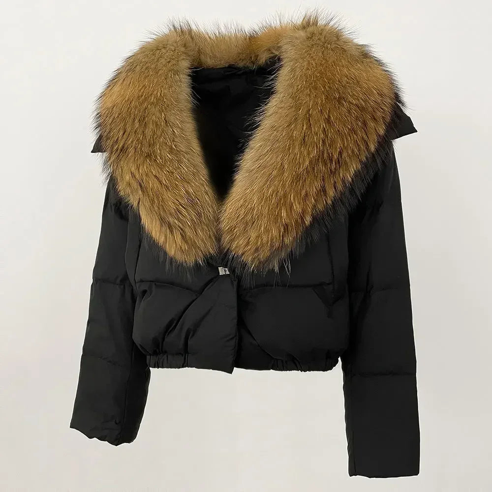 cropped duck down winter coat with real fox fur