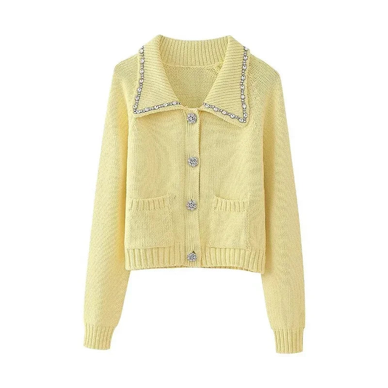 Knitted Cardigans for Women Sweater Yellow Diamonds Long Sleeve