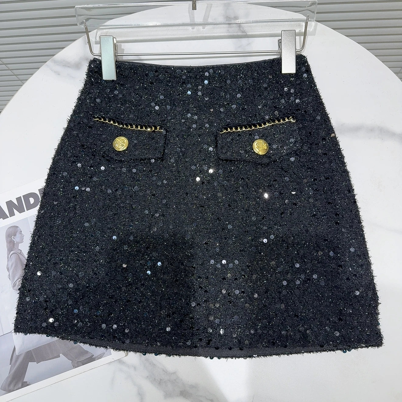 Metal Buttons Pockets Sequins Tweed Skirt