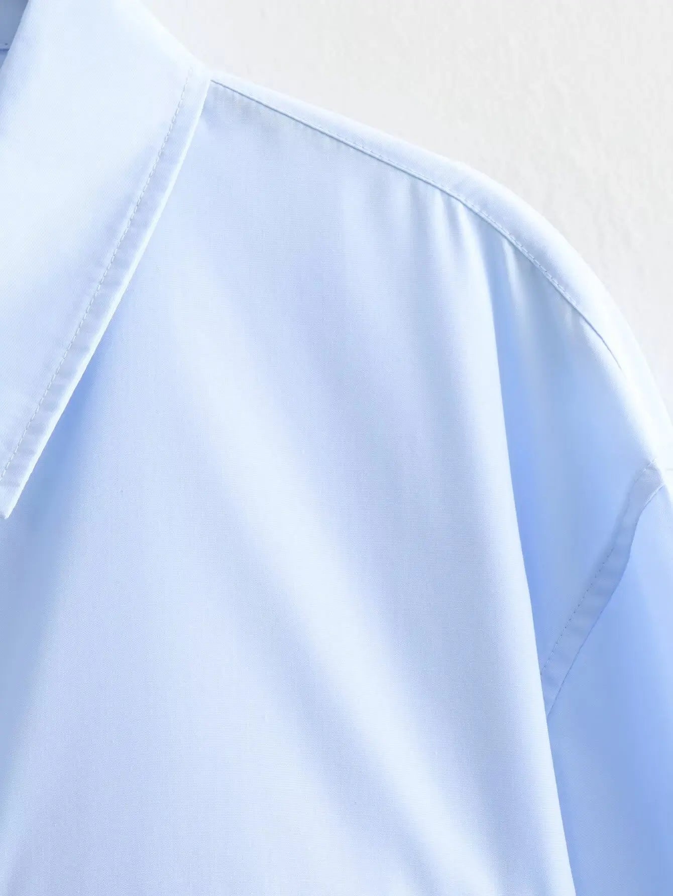 Women Solid White&blue Blouse Long Sleeve With Pocket