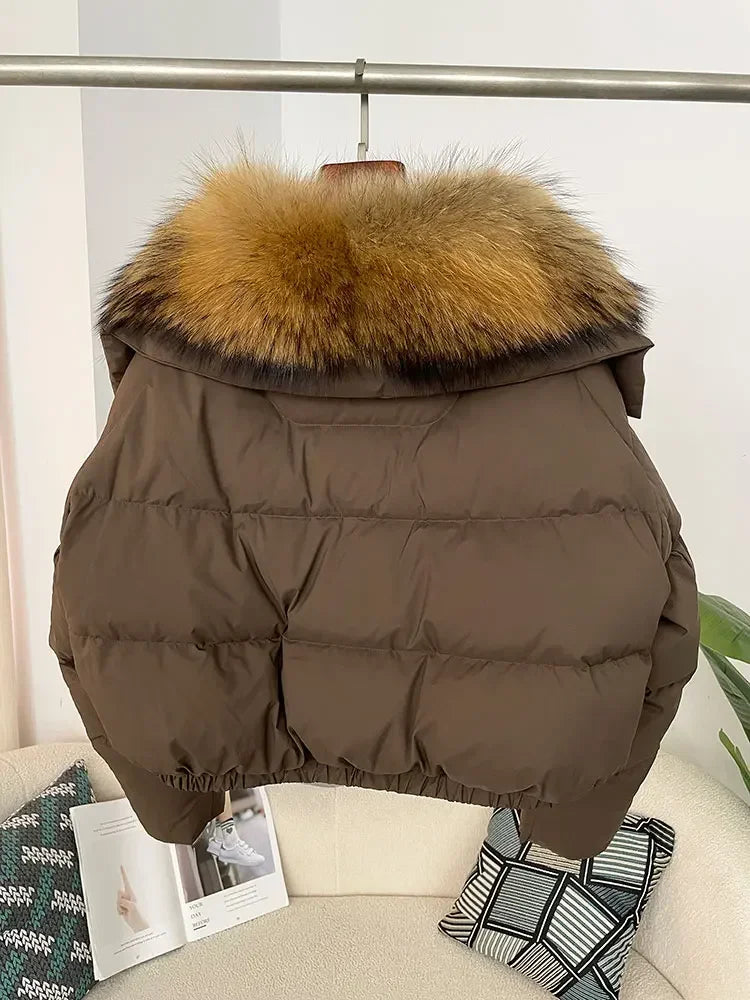 cropped duck down winter coat with real fox fur