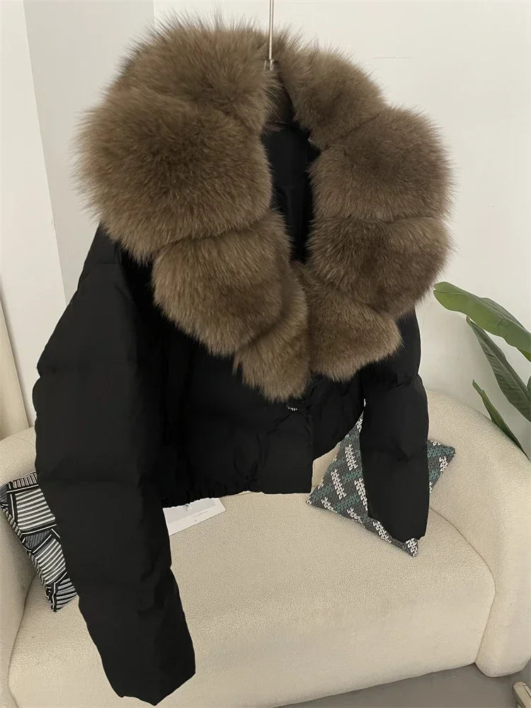 cropped duck down winter coat with real fox fur