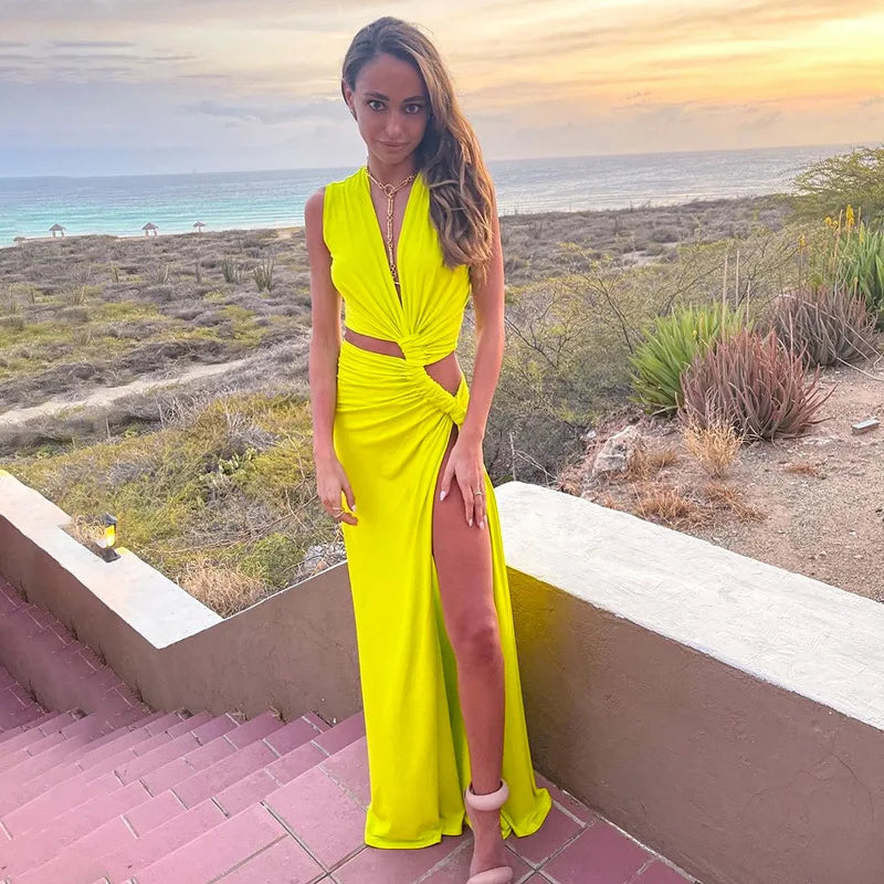 Sexy Deep V Cut Out Slit Maxi Dress