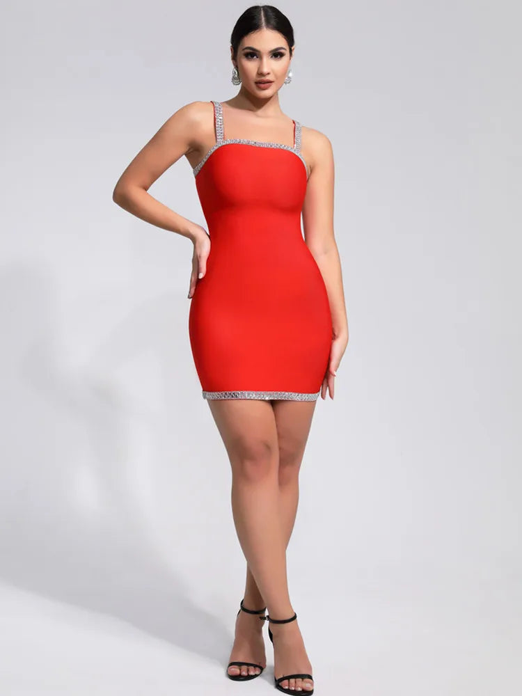 Luxury Red Crystal Mini Bandage Dress