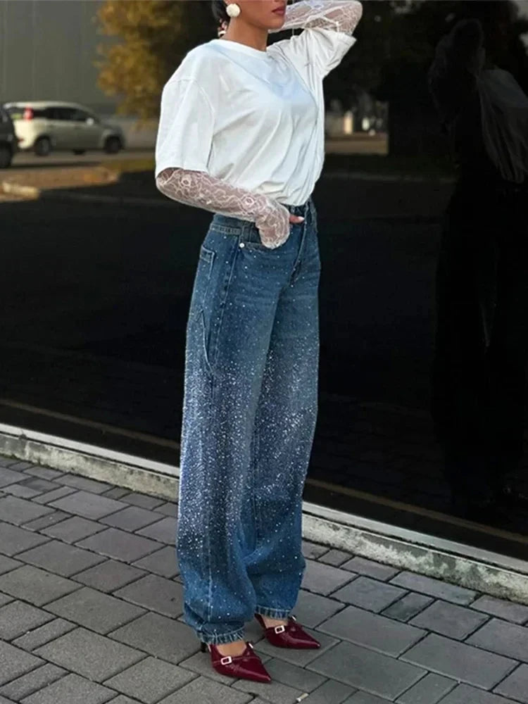 Rhinestone Wide Leg Lady Jeans