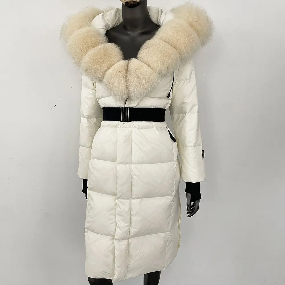 long coat with fox fur hood and belted waist