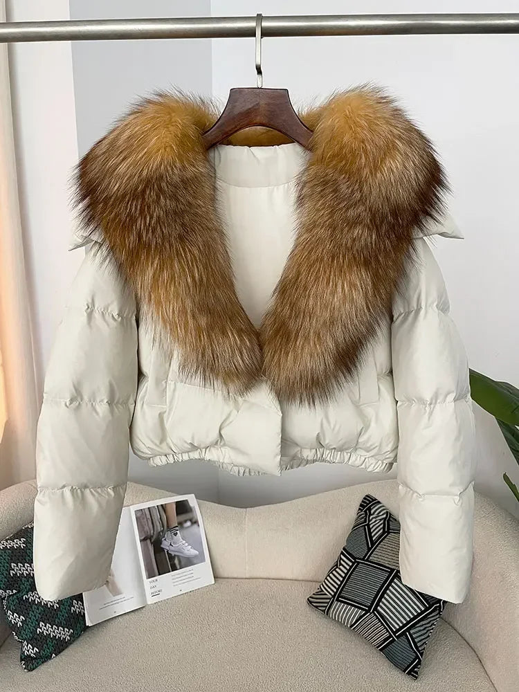 cropped duck down winter coat with real fox fur