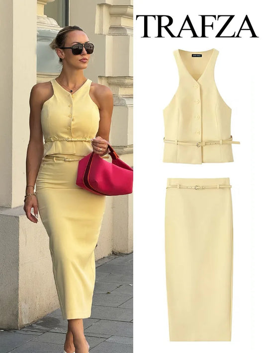 Yellow V-Neck Sleeveless Belt Tops+High Waist Pocket Belt Long Skirts