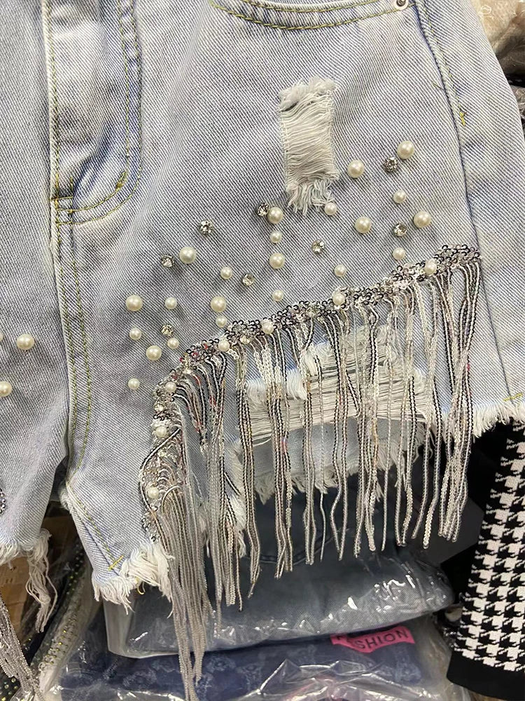 Denim Shorts Elegant Lady Tassel Beading