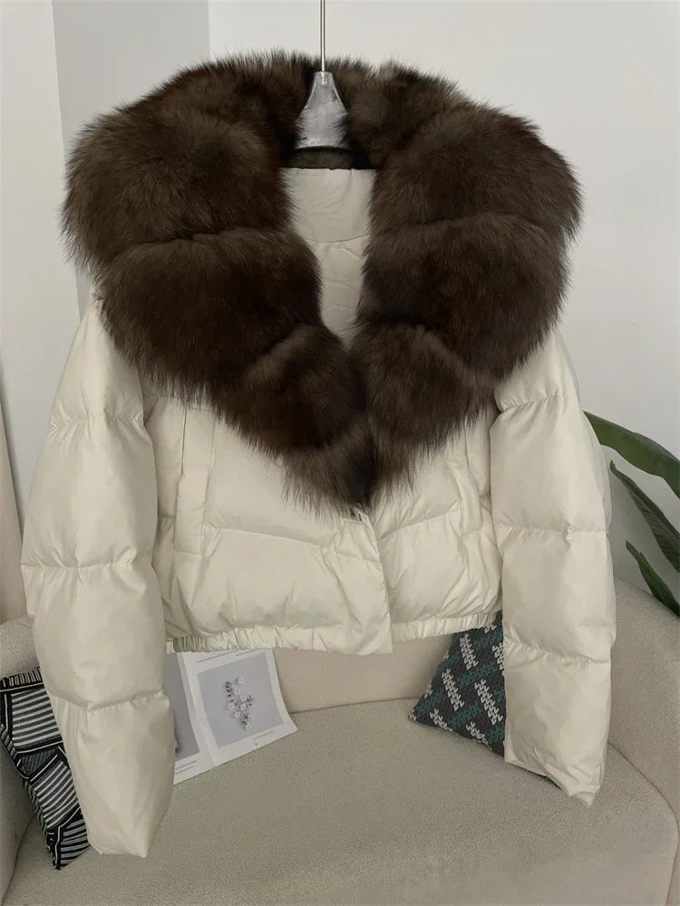 cropped duck down winter coat with real fox fur