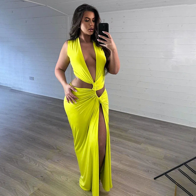 Sexy Deep V Cut Out Slit Maxi Dress