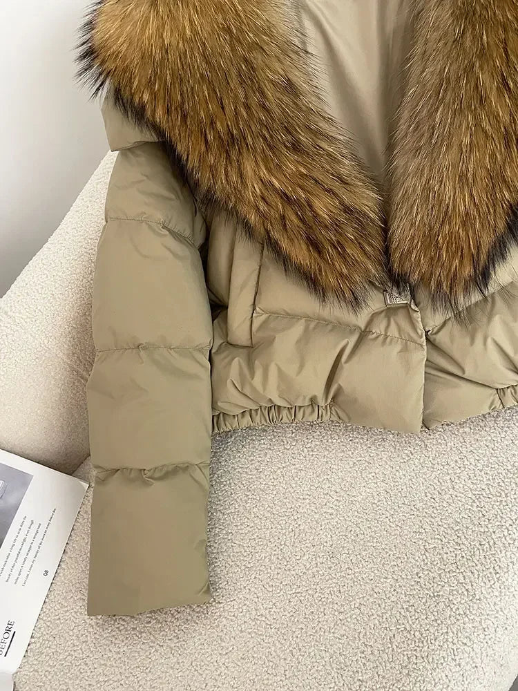 cropped duck down winter coat with real fox fur