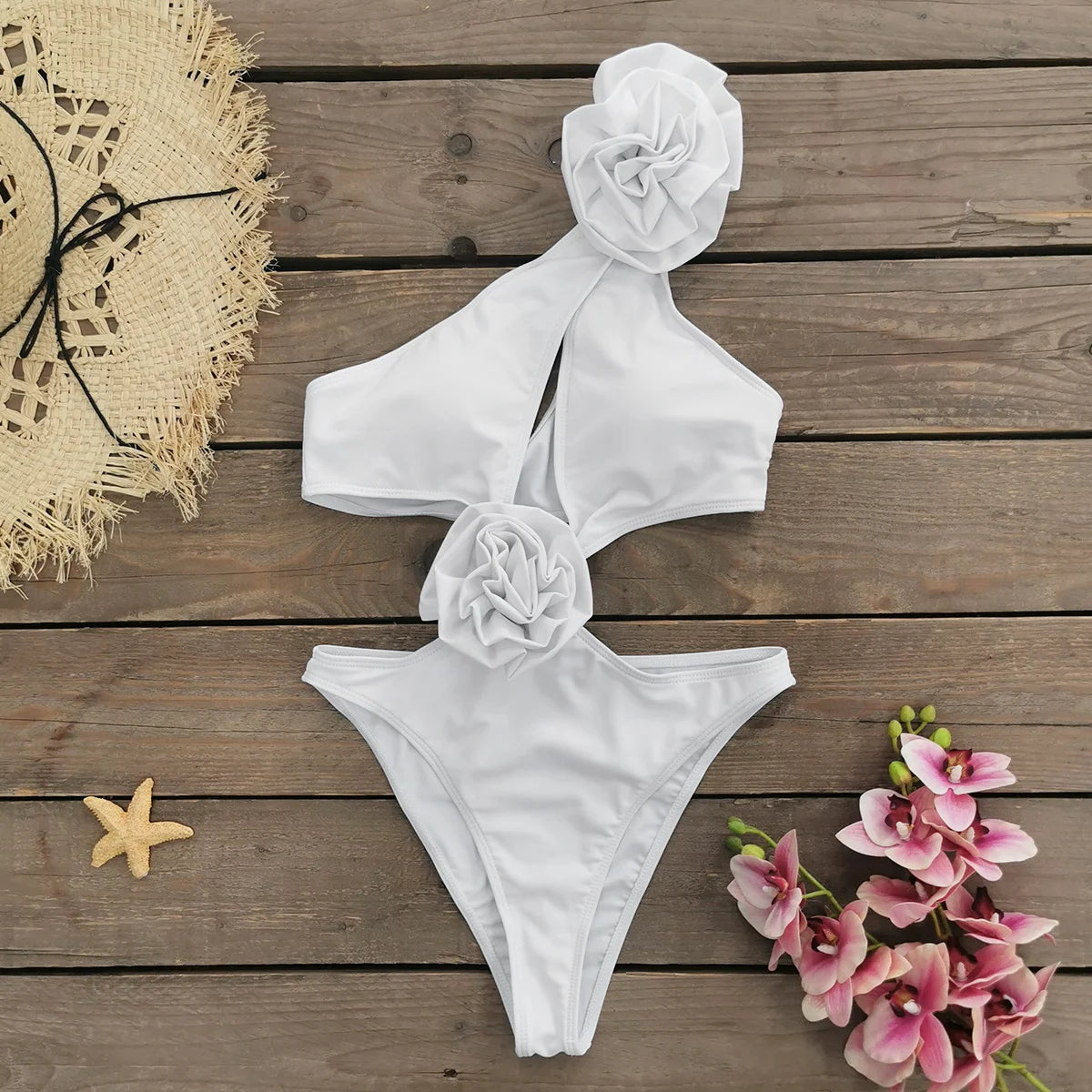 Flower Swimwear Female Red&White Cut Out Swim Suit