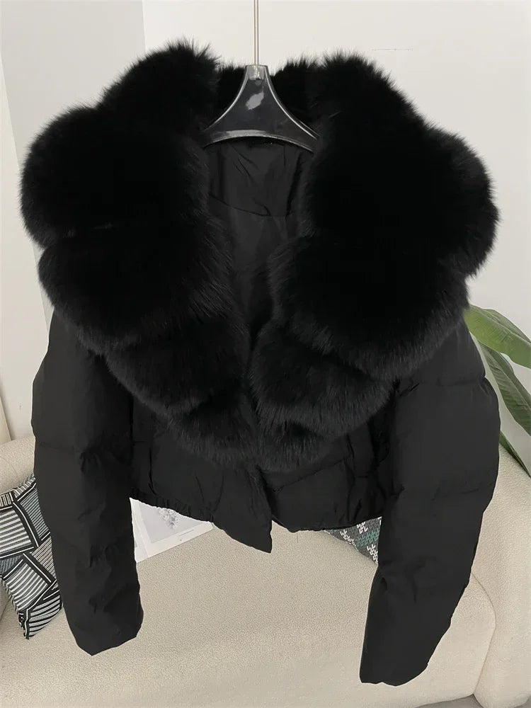 cropped duck down winter coat with real fox fur