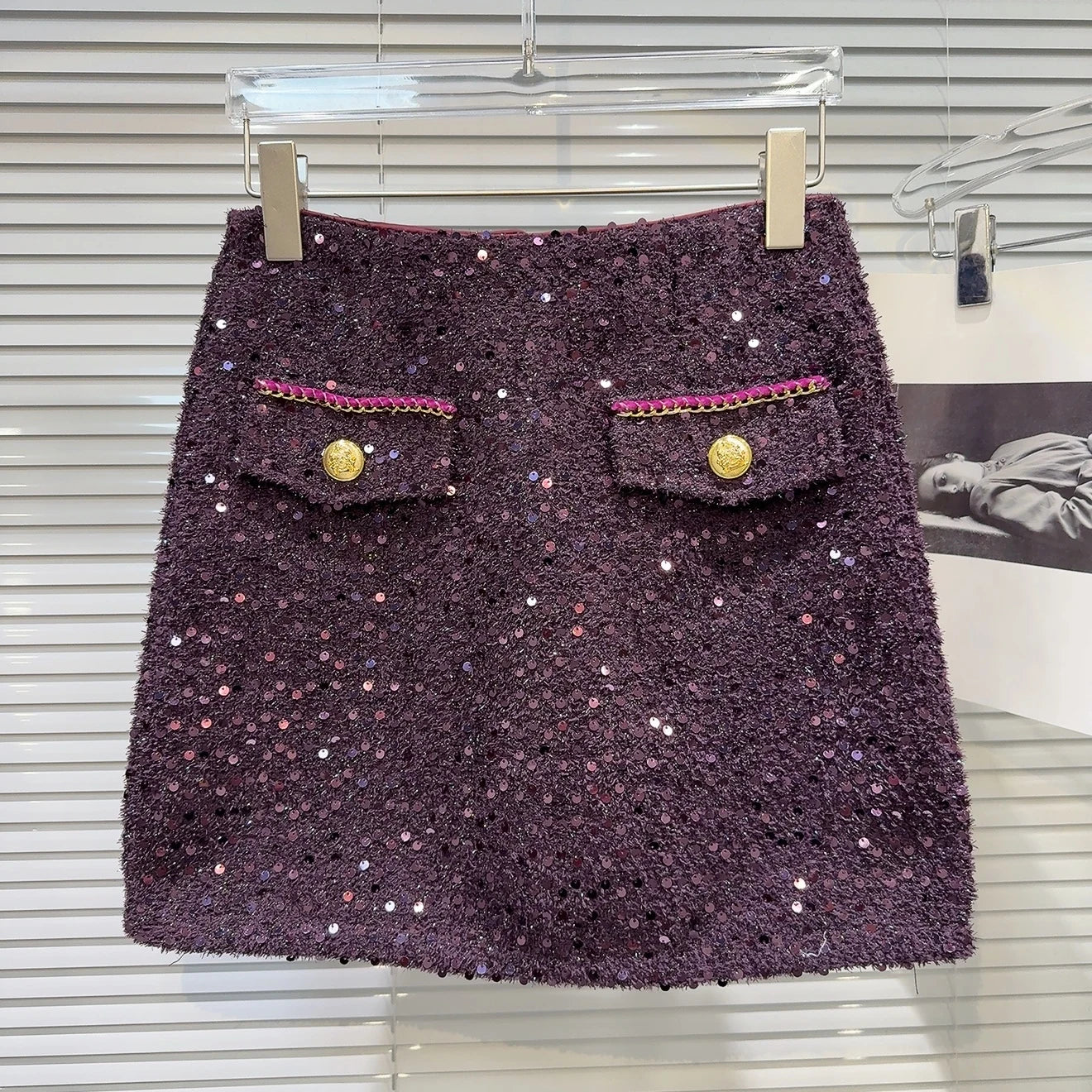 Metal Buttons Pockets Sequins Tweed Skirt