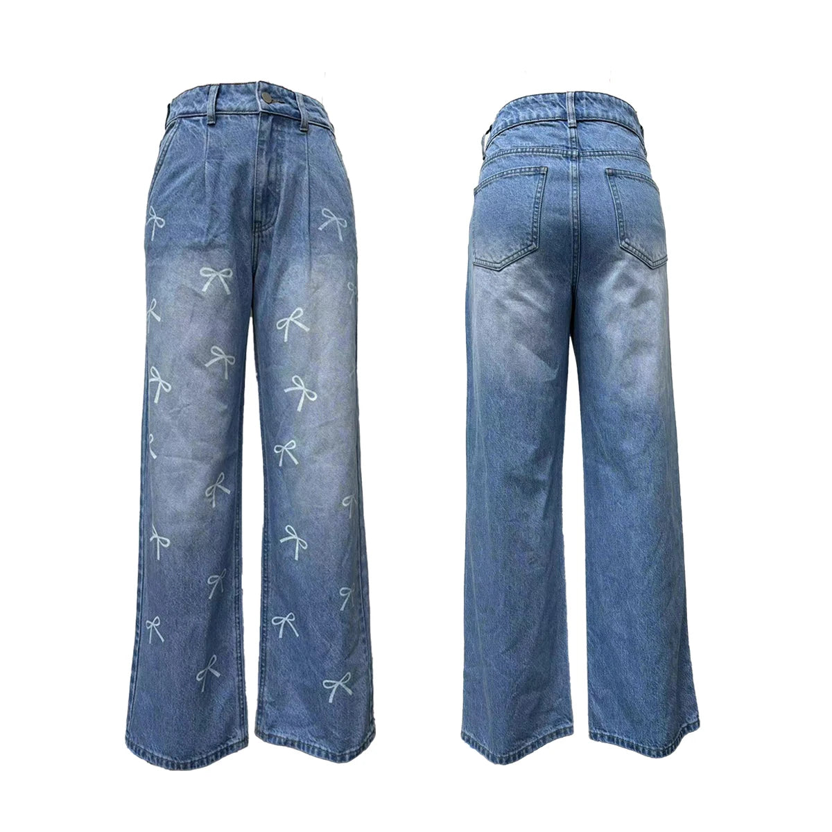 bow printed pocket Denim straight jeans