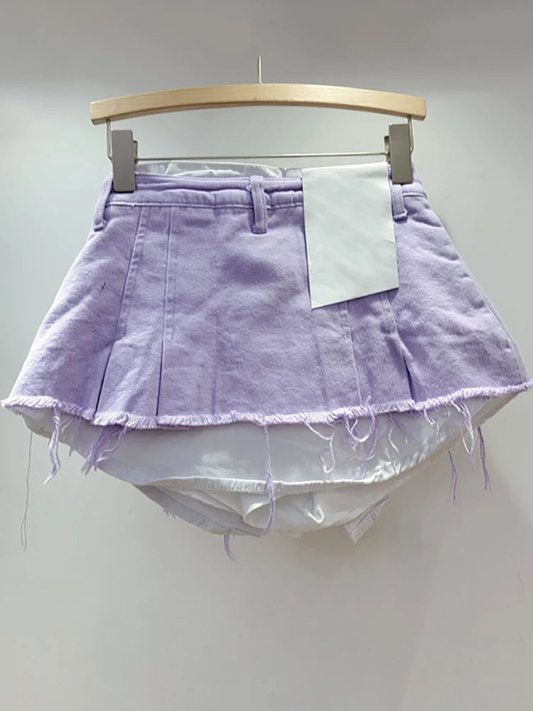 Denim Skirt High Waist Pleated Patchwork Contrast Color