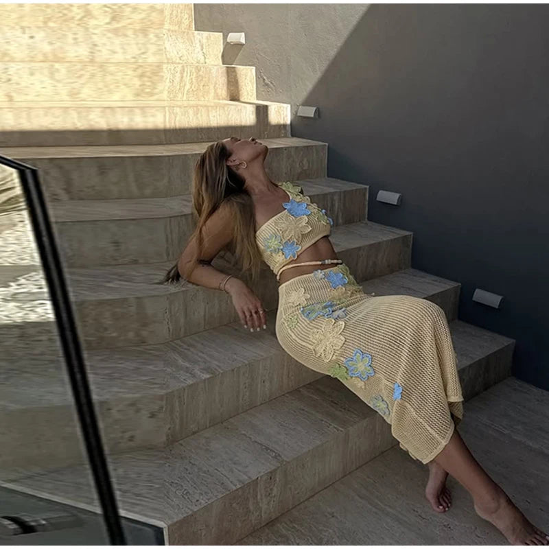 Flower crochet maxi skirt, vest top and bikini top