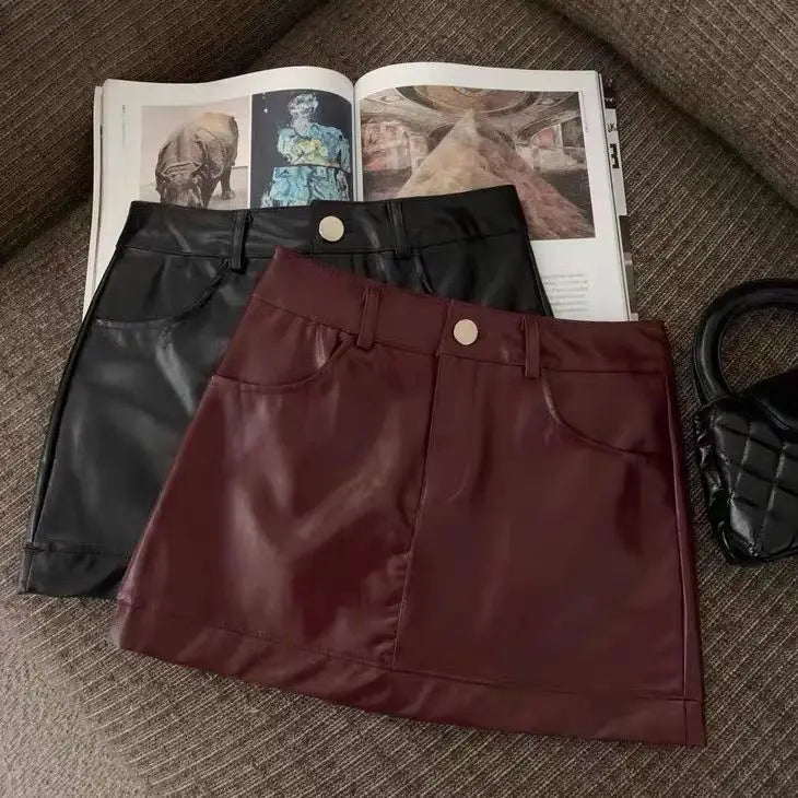 Black and wine red leather skirt