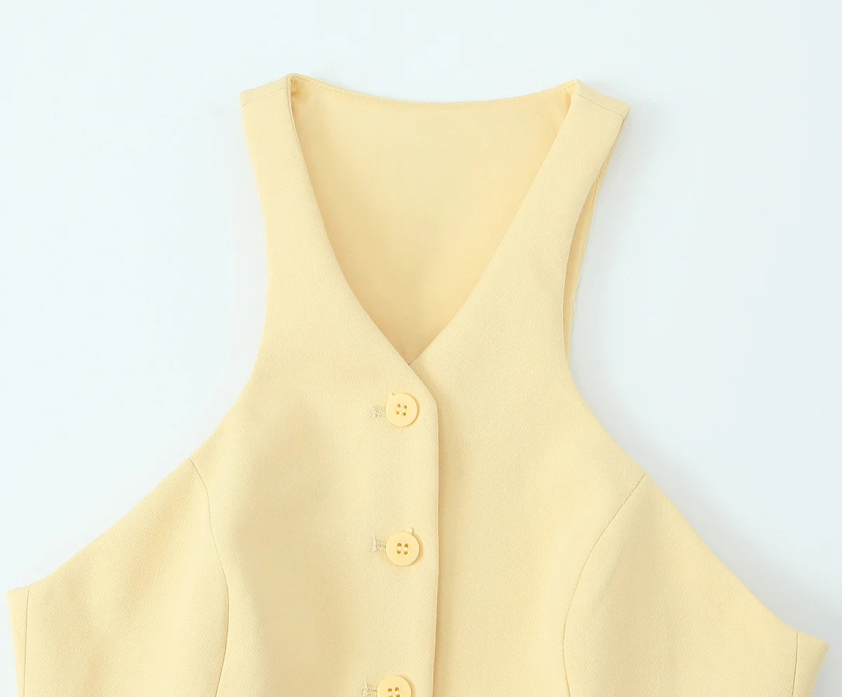 Yellow V-Neck Sleeveless Belt Tops+High Waist Pocket Belt Long Skirts